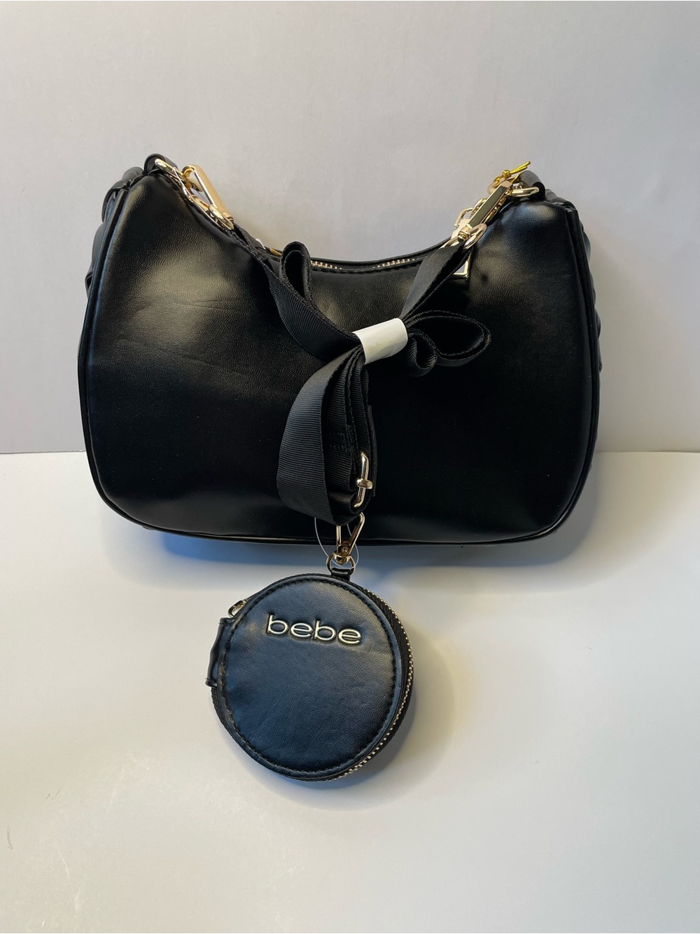 NWT bebe Black Woven Crossbody with Coin Pouch and Gold Hardware - Picture 2 of 4